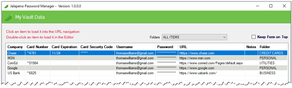 screenshot of encrypted password manager